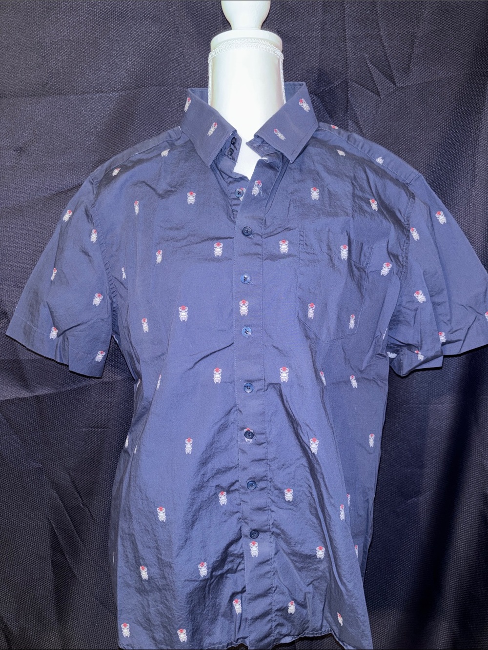 Navy Short-Sleeve Button-Down Shirt with Subtle Rose Motif